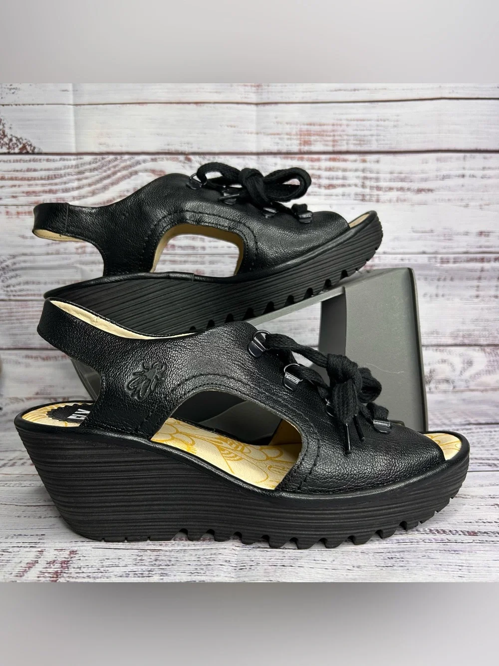 Fly London Lace Up Wedge Sandals Black Leather Women’s Size US 8-8.5/ EU 39